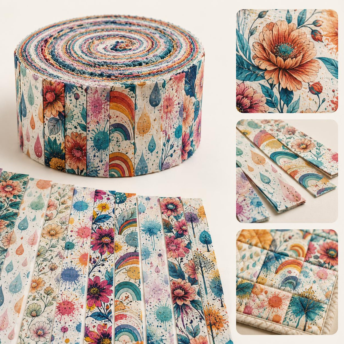 10pcs Vintage Floral Paint Splatter Pattern Jelly Roll Fabric Strips 2.5X19.7inch Pre-Cut 100% Polyester For Patchwork Quilts, Table Runners, Placemats, Tote Bags, Storage Pouches, Makeup Bags, Coasters, Quilt Blocks & Binding
