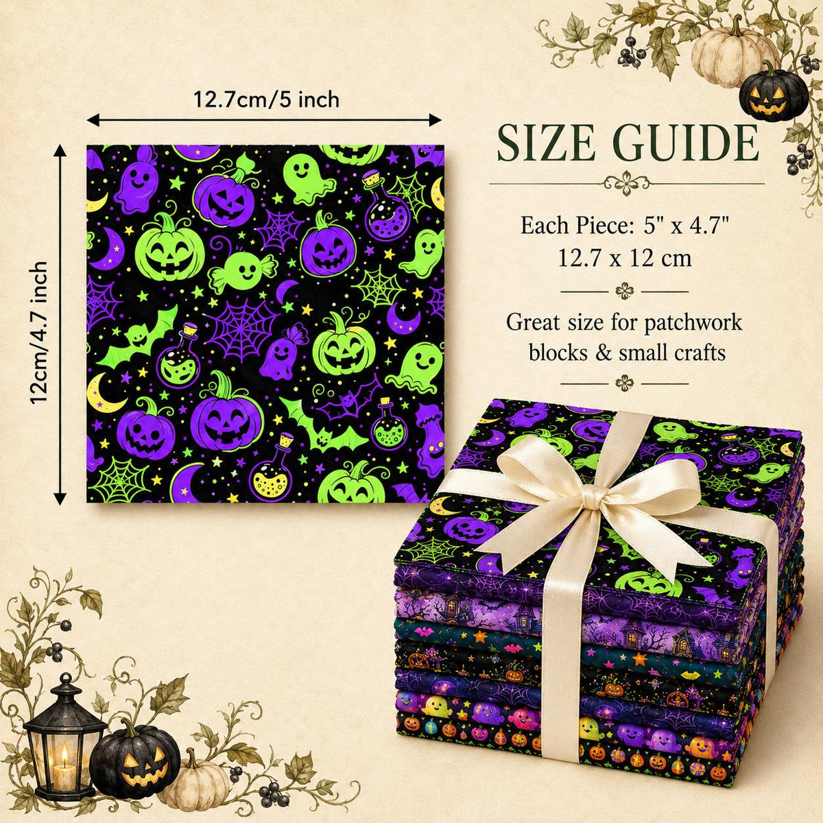 10pcs Charm Pack Set Pumpkin Ghost Halloween Pattern Vintage Style Handmade DIY with Rich Color and Texture Elements 100% Polyester Patchwork in 10 Design Styles Suitable for Patchwork DIY Craft Projects DIY Wallet Making Gift Giving Bag Making Mother's D