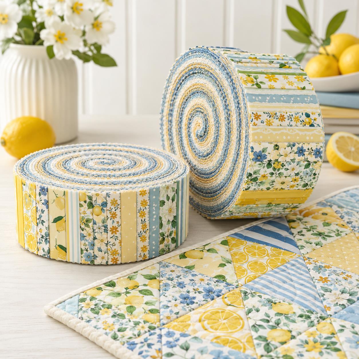 10Pc/Set, Making 10 Images 1pc Each, Each Size: 6.3*50cm Floral Plaid Lemon Series Sliced Fabric Set Style Combination, Polyester Jelly Roll Fabric Strips, Pre-Cut Quilting Squares, For Quilting DIY, Handicrafts And Sewing, Blankets, Rugs