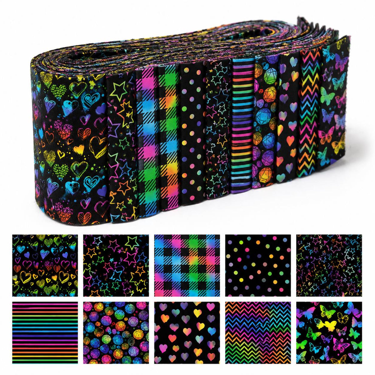 10Pc/Set, Making 10 Images 1pc Each, Each Size: 6.3*50cm Dark Series Dots Butterfly Iridescent Series Sliced Fabric Set Style Combination, Polyester Jelly Roll Fabric Strips, Pre-Cut Quilting Squares, For Quilting DIY, Handicrafts And Sewing, Blankets, Ru