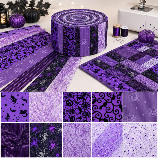 10pcs/Set, Making 10 Images 1pc Each, Each Size: 2.48*19.69inch Pumpkin Spider Plain Purple Halloween Pattern Sliced Fabric Set Style Combination, Polyester Jelly Roll Fabric Strips, Pre-Cut Quilting Squares, for Quilting DIY, Handicrafts And Sewing, Blan
