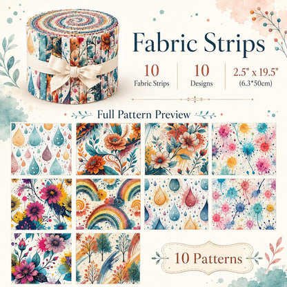 10pcs Vintage Floral Paint Splatter Pattern Jelly Roll Fabric Strips 2.5X19.7inch Pre-Cut 100% Polyester For Patchwork Quilts, Table Runners, Placemats, Tote Bags, Storage Pouches, Makeup Bags, Coasters, Quilt Blocks & Binding