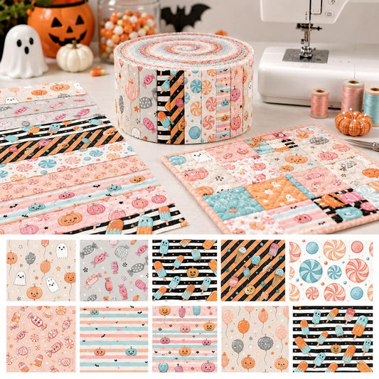 10pcs Vintage Candy Ghost Halloween Theme Jelly Roll Fabric Strips 2.5X19.7inch Pre-Cut 100% Polyester For Patchwork Quilts, Table Runners, Placemats, Tote Bags, Storage Pouches, Makeup Bags, Coasters, Quilt Blocks & Binding