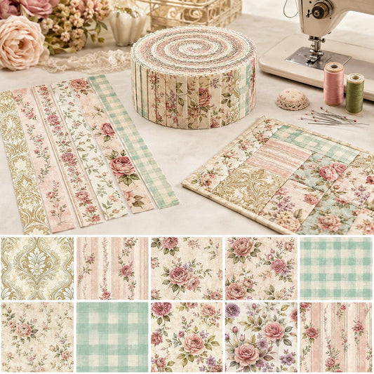 10pcs Vintage Flora Pattern Jelly Roll Fabric Strips 2.5X19.7inch Pre-Cut 100% Polyester For Patchwork Quilts, Table Runners, Placemats, Tote Bags, Storage Pouches, Makeup Bags, Coasters, Quilt Blocks & Binding