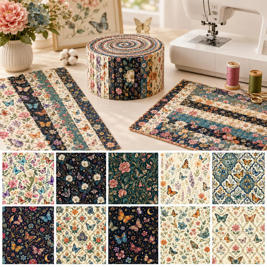 10pcs Vintage Floral Butterfly Pattern Jelly Roll Fabric Strips 2.5X19.7inch Pre-Cut 100% Polyester For Patchwork Quilts, Table Runners, Placemats, Tote Bags, Storage Pouches, Makeup Bags, Coasters, Quilt Blocks & Binding