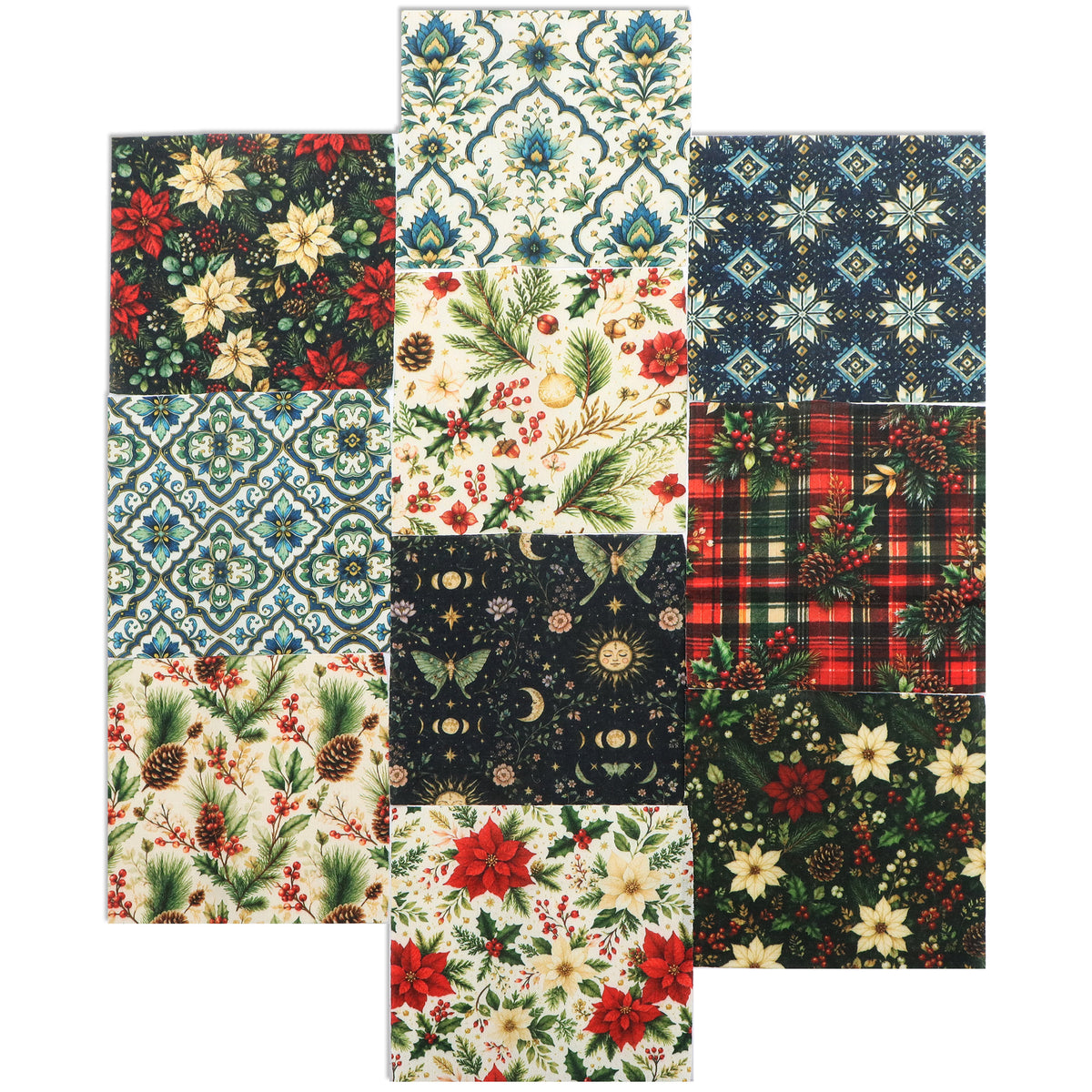 10Pc/Set Christmas Flower Series Plaid Tree Holly Pinecones Fat Quarter Fabric, Pre-Cut Square Fabric Assort, Fabric Set, Craft Fabric, Handmade DIY Patchwork Fabric,Home Quilting Sewing Fabric, Packaging Fabric, Scrapbooking Craft Hobbyist