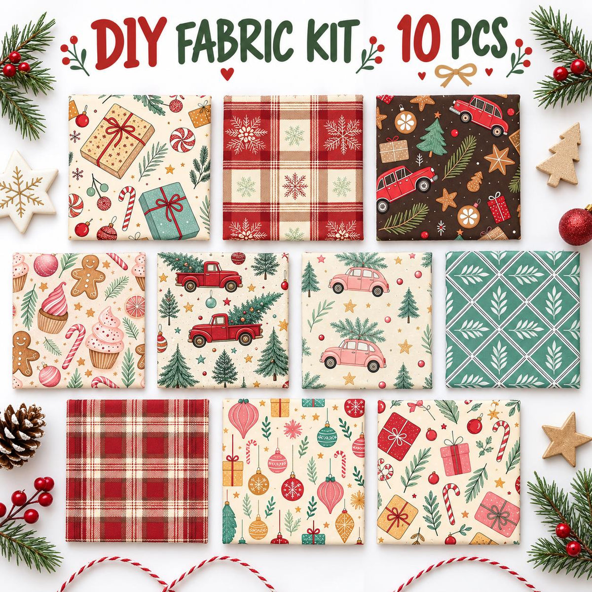 10Pc/Set Christmas Series Plaid Car Cake Tree Gift Crutch Fat Quarter Fabric, Pre-Cut Square Fabric Assort, Fabric Set, Craft Fabric, Handmade DIY Patchwork Fabric,Home Quilting Sewing Fabric, Packaging Fabric, Scrapbooking Craft Hobbyist