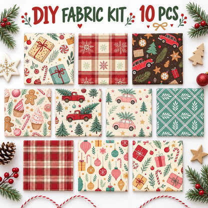 10Pc/Set Christmas Series Plaid Car Cake Tree Gift Crutch Fat Quarter Fabric, Pre-Cut Square Fabric Assort, Fabric Set, Craft Fabric, Handmade DIY Patchwork Fabric,Home Quilting Sewing Fabric, Packaging Fabric, Scrapbooking Craft Hobbyist