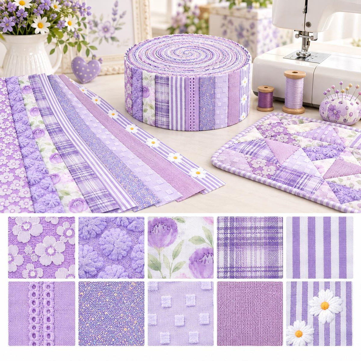 10pcs Vintage Floral Plaid Purple Pattern Jelly Roll Fabric Strips 2.5X19.7inch Pre-cut 100% Polyester for Patchwork Quilts, Table Runners, Placemats, Tote Bags, Storage Pouches, Makeup Bags, Coasters, Quilt Blocks & Binding Multi-color