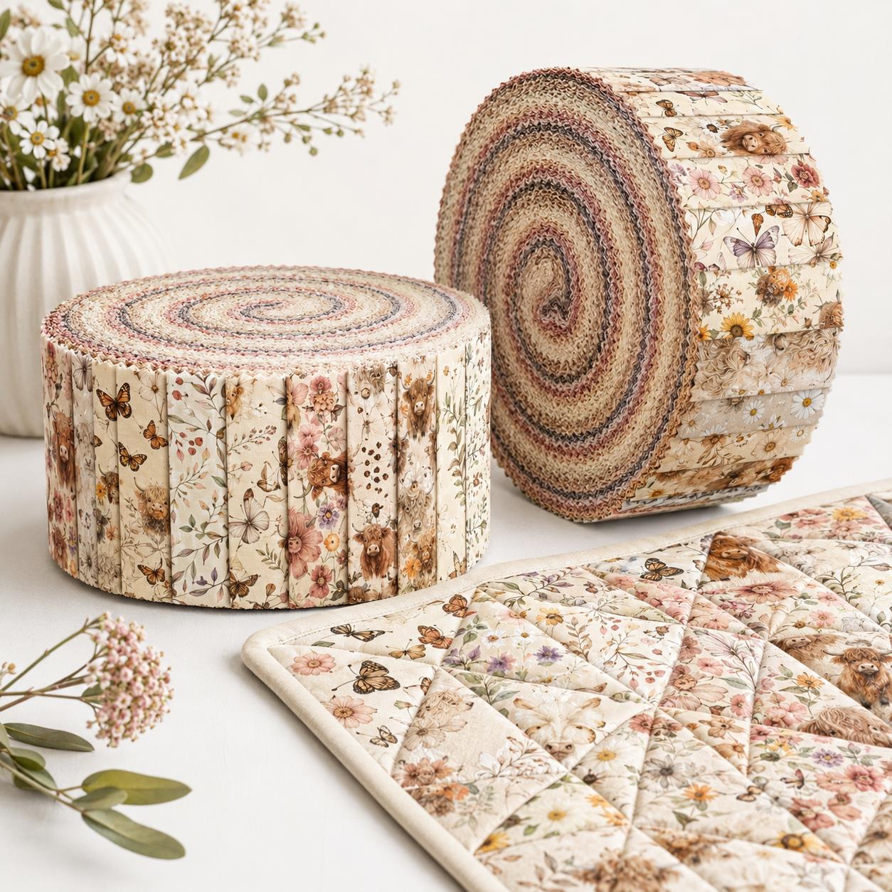 10Pc/Set, Making 10 Images 1pc Each, Each Size: 6.3*50cm Floral Butterfly Cow Series Sliced Fabric Set Style Combination, Polyester Jelly Roll Fabric Strips, Pre-Cut Quilting Squares, For Quilting DIY, Handicrafts And Sewing, Blankets, Rugs