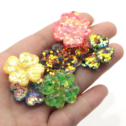 5Pcs Clover Shamrock Shaped Acrylic Charms,Random Colors,Transparent Glitter 3D Flatback Resin Cabochons for DIY Jewelry, Earrings, Bracelets, Keychains, Festive Decor, Homemade Gifts, Phone Cases,  Hair Accessories - Crafting Accessories
