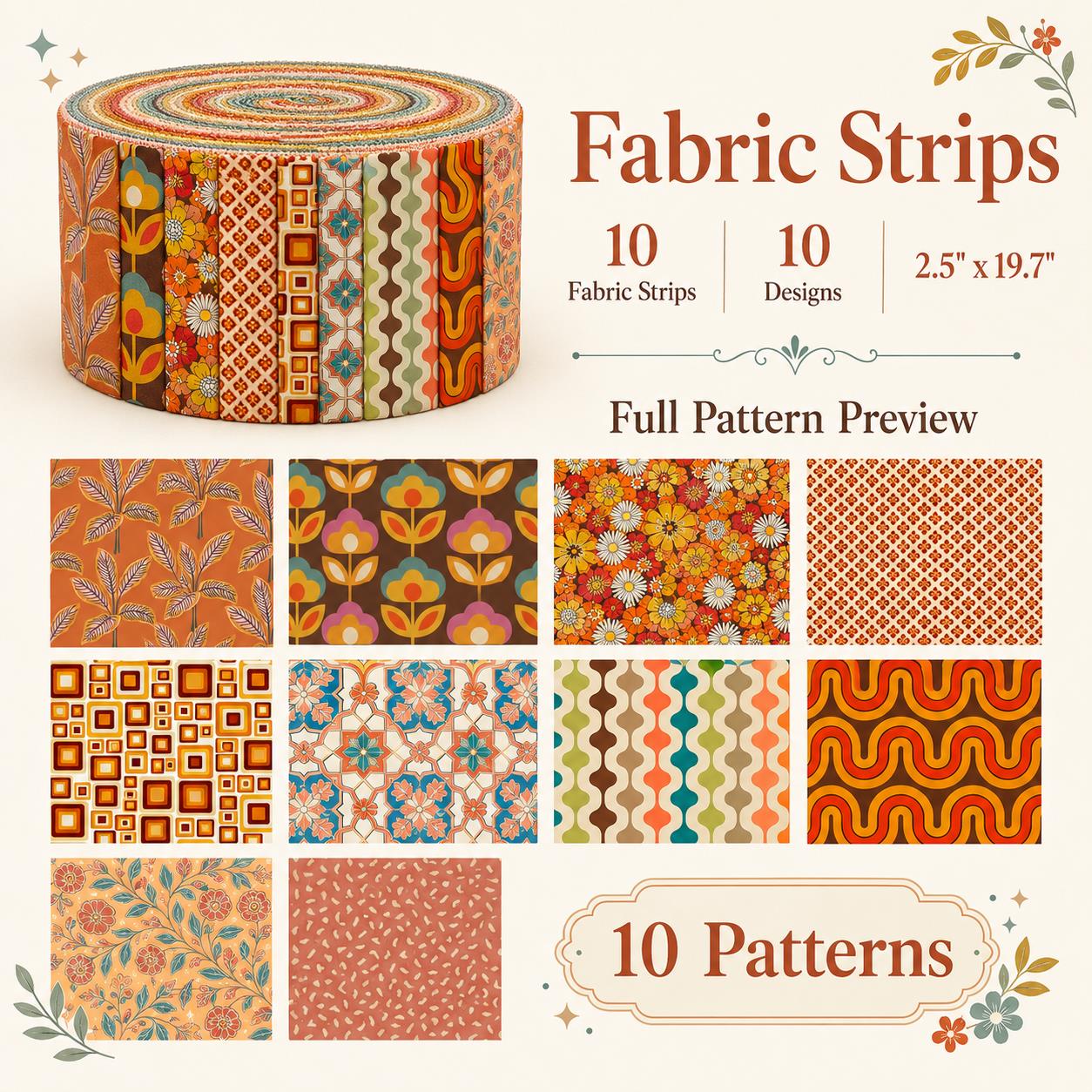 10pcs Vintage Floral Orange Pattern Jelly Roll Fabric Strips 2.5X19.7inch Pre-cut 100% Polyester for Patchwork Quilts, Table Runners, Placemats, Tote Bags, Storage Pouches, Makeup Bags, Coasters, Quilt Blocks & Binding