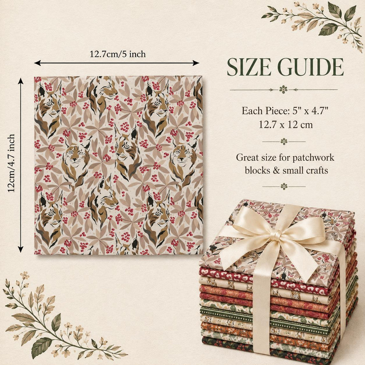 10Pc/Set Christmas Series Stripe Flower Deer Fox Tiger Fat Quarter Fabric, Pre-Cut Square Fabric Assort, Fabric Set, Craft Fabric, Handmade DIY Patchwork Fabric,Home Quilting Sewing Fabric, Packaging Fabric, Scrapbooking Craft Hobbyist