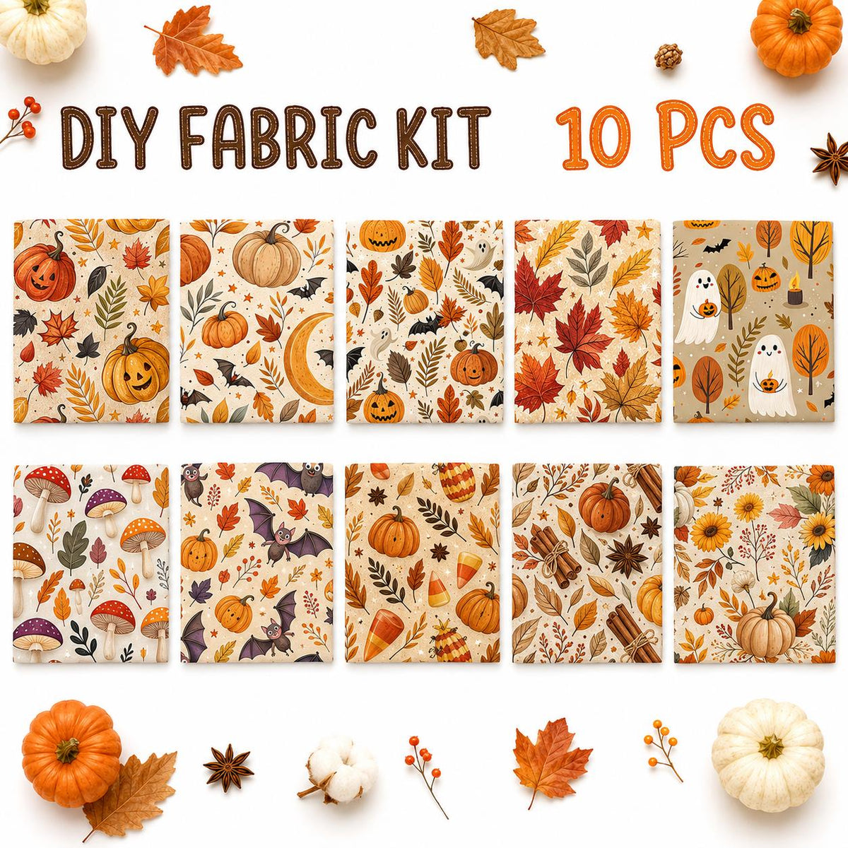 10Pc/Set Halloween Autumn Series Skull Pumpkin Mushroom Maple Leaf Bat Fat Quarter Fabric, Pre-Cut Square Fabric Assort, Fabric Set, Craft Fabric, Handmade DIY Patchwork Fabric,Home Quilting Sewing Fabric, Packaging Fabric, Scrapbooking Craft Hobbyist