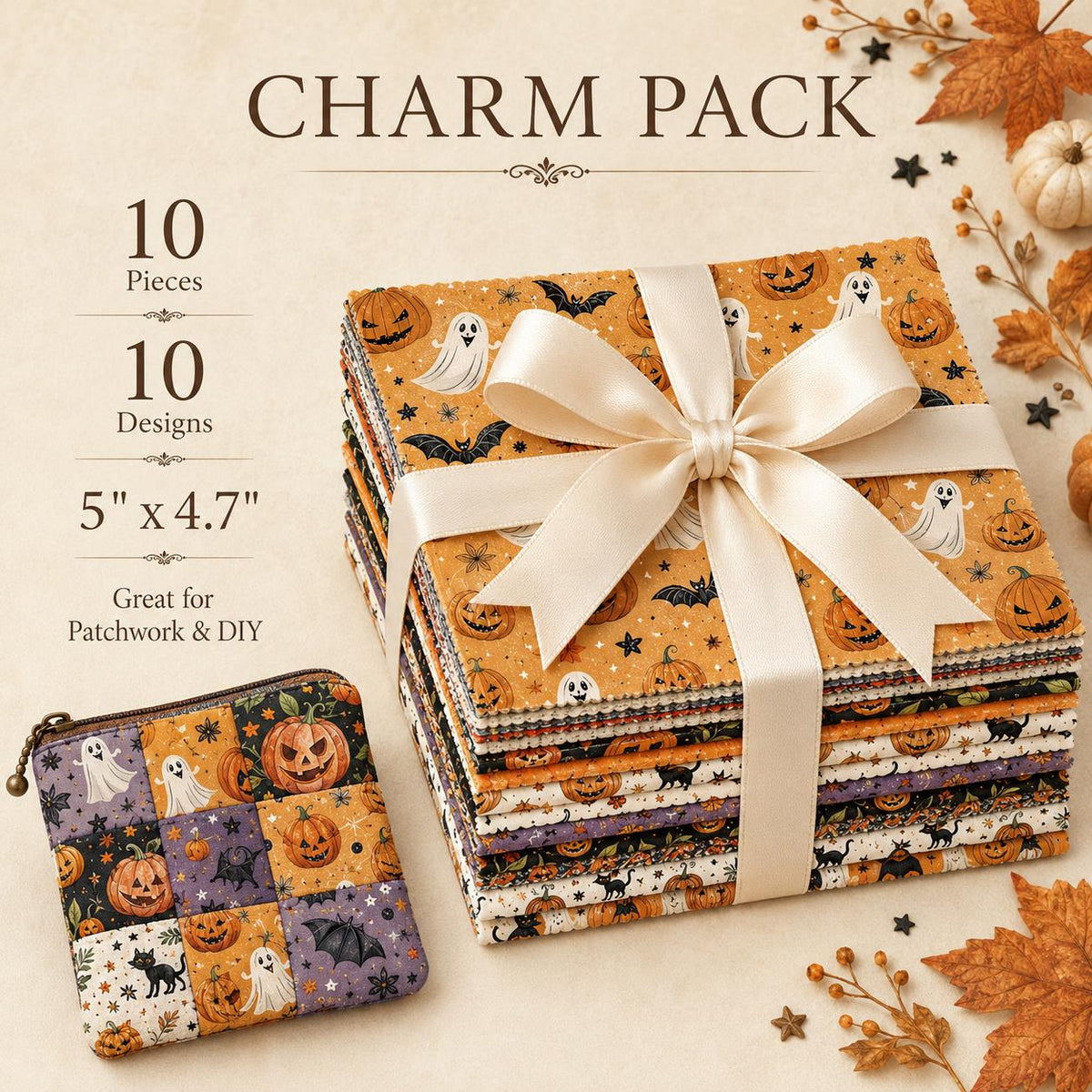 10pcs Charm Pack Set Halloween Pumpkin Ghost Pattern Vintage Style Handmade DIY with Rich Color and Texture Elements 100% Polyester Patchwork in 10 Design Styles Suitable for Patchwork DIY Craft Projects DIY Wallet Making Gift Giving Bag Making Mother's D