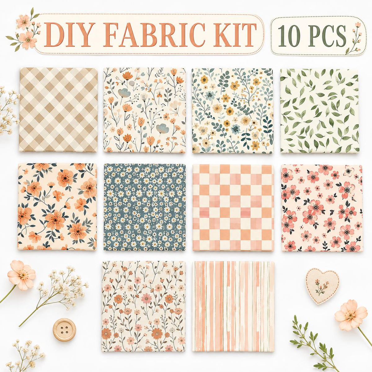 10Pc/Set Flower Series Stripe Plaid Fat Quarter Fabric, Pre-Cut Square Fabric Assort, Fabric Set, Craft Fabric, Handmade DIY Patchwork Fabric,Home Quilting Sewing Fabric, Packaging Fabric, Scrapbooking Craft Hobbyist
