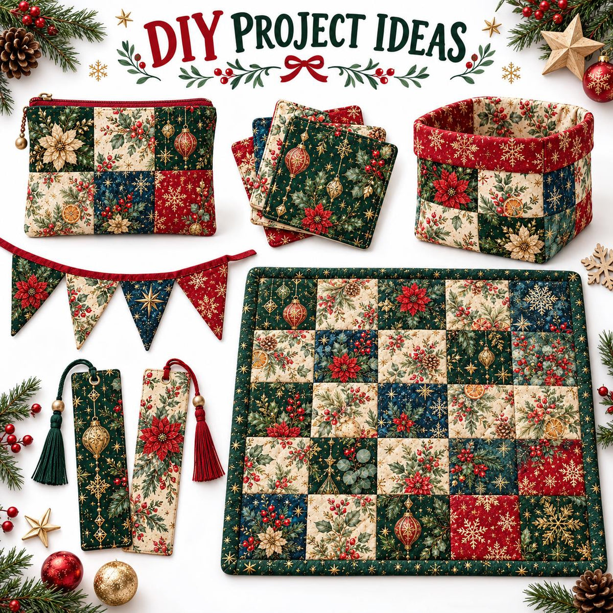 10Pc/Set Christmas Flower Series Star Holly Pinecones  Fat Quarter Fabric, Pre-Cut Square Fabric Assort, Fabric Set, Craft Fabric, Handmade DIY Patchwork Fabric,Home Quilting Sewing Fabric, Packaging Fabric, Scrapbooking Craft Hobbyist