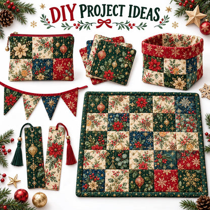 10Pc/Set Christmas Flower Series Star Holly Pinecones  Fat Quarter Fabric, Pre-Cut Square Fabric Assort, Fabric Set, Craft Fabric, Handmade DIY Patchwork Fabric,Home Quilting Sewing Fabric, Packaging Fabric, Scrapbooking Craft Hobbyist