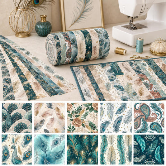 10pcs Vintage Peacock Feathers Theme Jelly Roll Fabric Strips 2.5X19.7inch Pre-Cut 100% Polyester For Patchwork Quilts, Table Runners, Placemats, Tote Bags, Storage Pouches, Makeup Bags, Coasters, Quilt Blocks & Binding