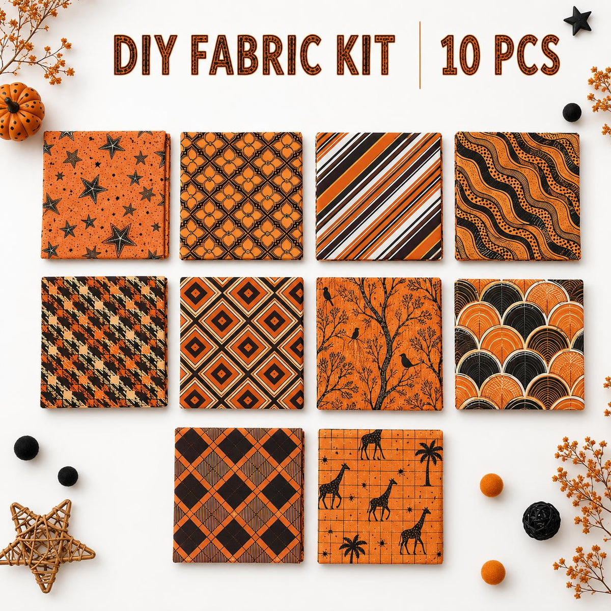 10Pc/Set Orange Autumn Series Flower Star Deer Plaid Fat Quarter Fabric, Pre-Cut Square Fabric Assort, Fabric Set, Craft Fabric, Handmade DIY Patchwork Fabric,Home Quilting Sewing Fabric, Packaging Fabric, Scrapbooking Craft Hobbyist