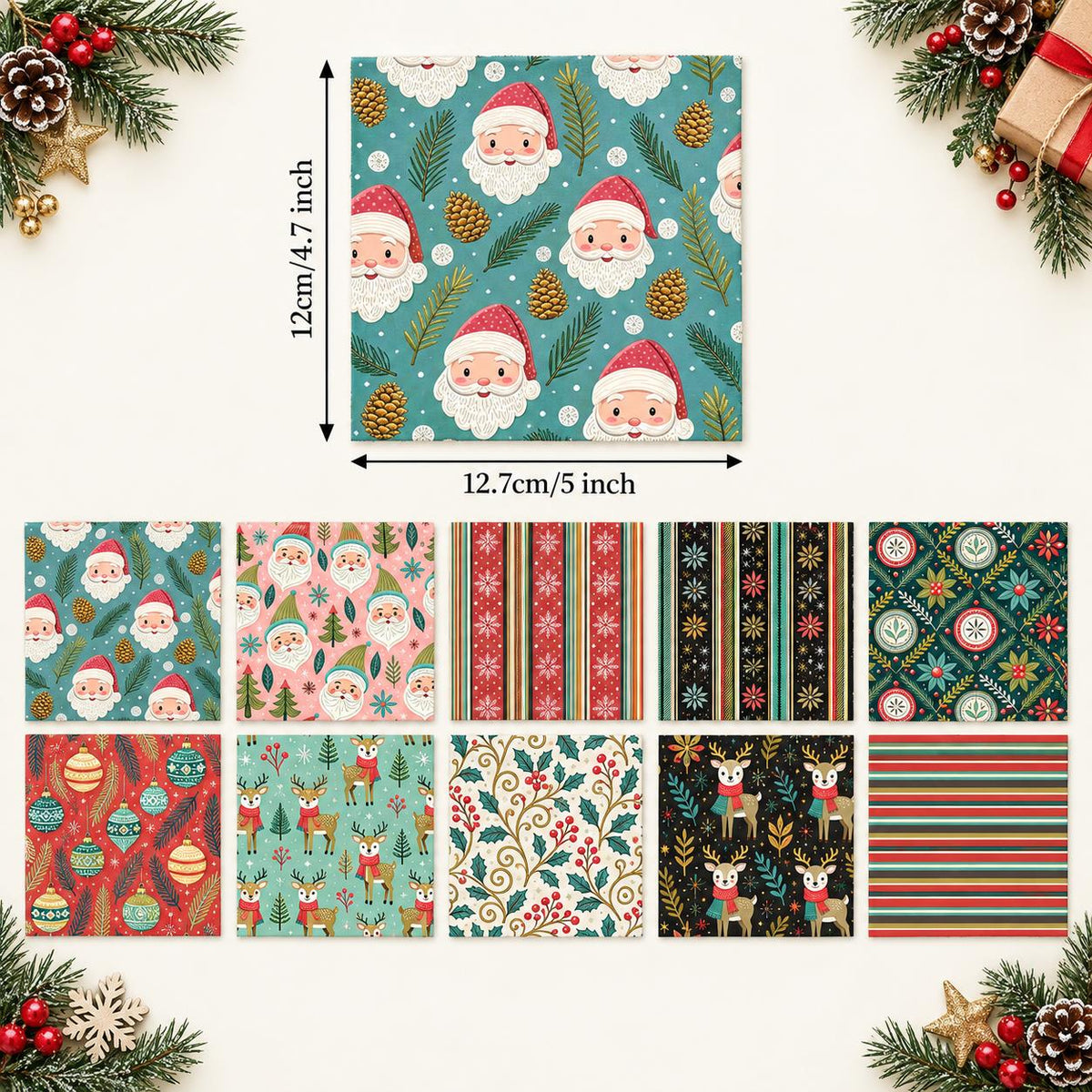 10Pc/Set Christmas Series Flower Stripe Plaid Deer Santa Claus Holly Pinecones Fat Quarter Fabric, Pre-Cut Square Fabric Assort, Fabric Set, Craft Fabric, Handmade DIY Patchwork Fabric,Home Quilting Sewing Fabric, Packaging Fabric, Scrapbooking Craft Hobb