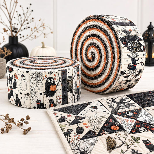 10pcs Vintage Pumpkin Spider Halloween Theme Jelly Roll Fabric Strips 2.5X19.7inch Pre-Cut 100% Polyester For Patchwork Quilts, Table Runners, Placemats, Tote Bags, Storage Pouches, Makeup Bags, Coasters, Quilt Blocks & Binding