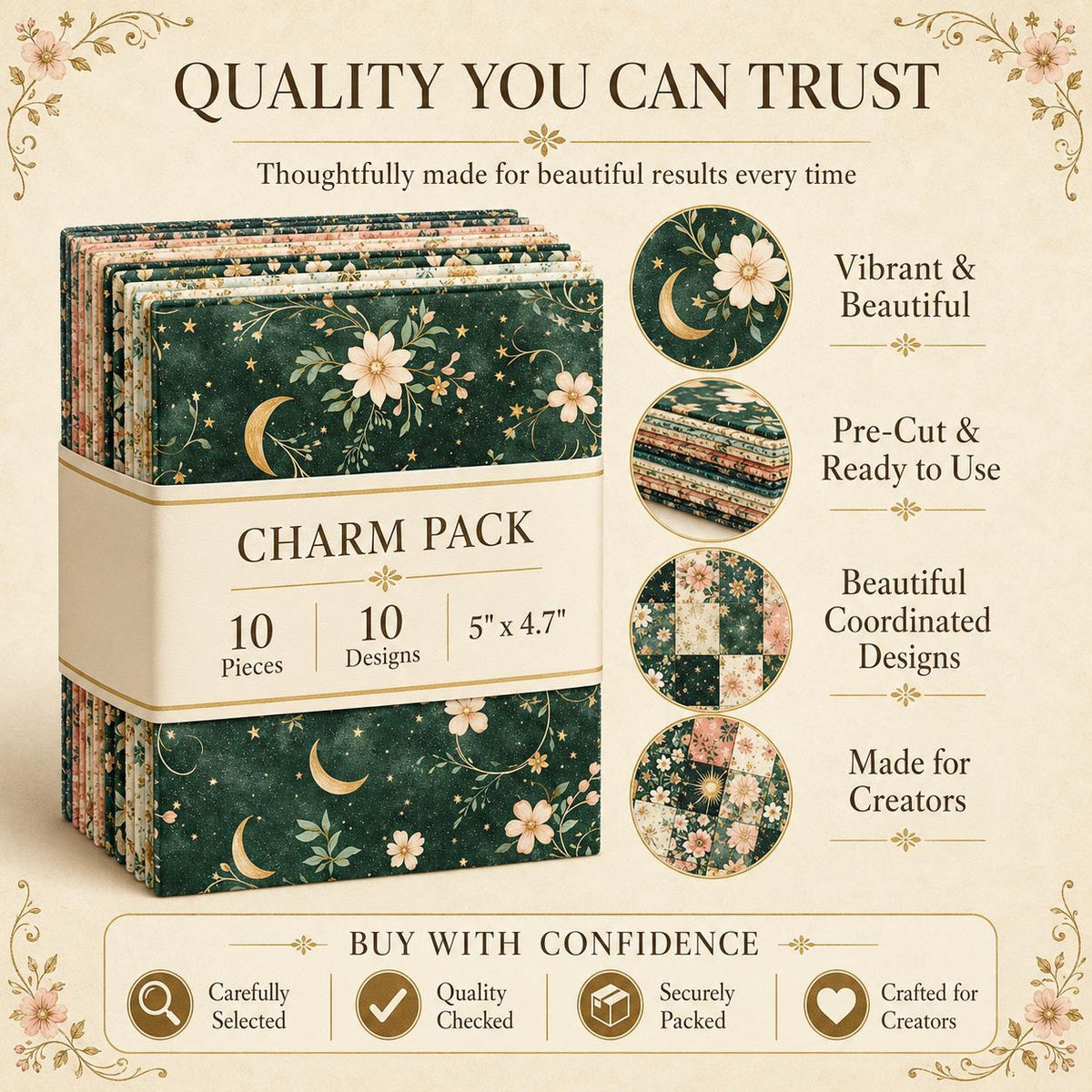 10pcs Charm Pack Set Floral Pattern Vintage Style Handmade DIY with Rich Color and Texture Elements 100% Polyester Patchwork in 10 Design Styles Suitable for Patchwork DIY Craft Projects DIY Wallet Making Gift Giving Bag Making Mother's Day Gift