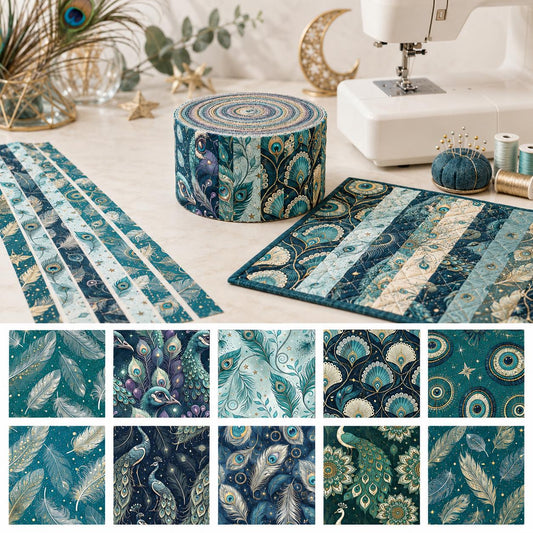 10pcs Vintage Peacock Feathers Theme Jelly Roll Fabric Strips 2.5X19.7inch Pre-Cut 100% Polyester For Patchwork Quilts, Table Runners, Placemats, Tote Bags, Storage Pouches, Makeup Bags, Coasters, Quilt Blocks & Binding