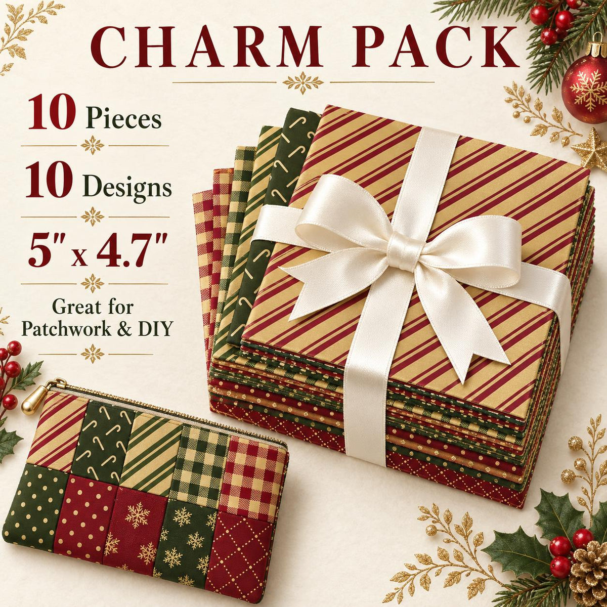 10Pc/Set Christmas Series Plaid Stripe Crutch Fat Quarter Fabric, Pre-Cut Square Fabric Assort, Fabric Set, Craft Fabric, Handmade DIY Patchwork Fabric,Home Quilting Sewing Fabric, Packaging Fabric, Scrapbooking Craft Hobbyist