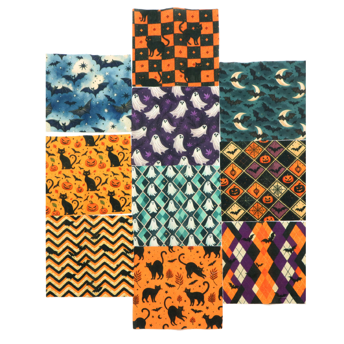 10Pc/Set Halloween Series Plaid Star Skull Bat Cat Fat Quarter Fabric, Pre-Cut Square Fabric Assort, Fabric Set, Craft Fabric, Handmade DIY Patchwork Fabric,Home Quilting Sewing Fabric, Packaging Fabric, Scrapbooking Craft Hobbyist