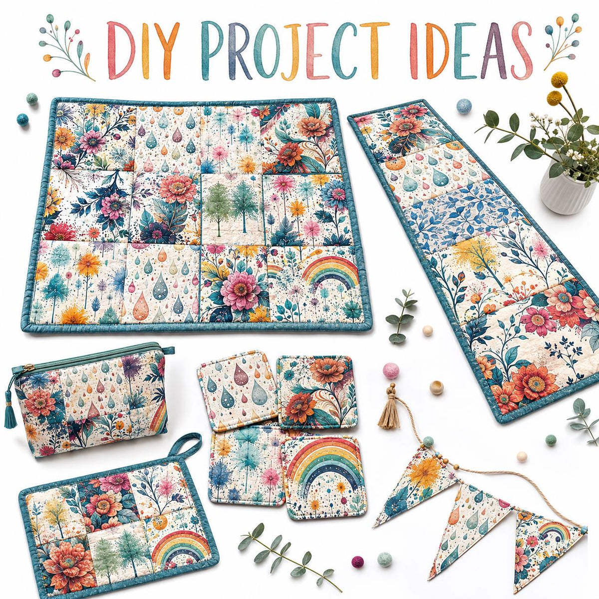 10pcs Charm Pack Set PaInt Splatter Floral Pattern 100% Polyester Patchwork in 10 Design Styles, Ready-To-Sew Without Cutting, Suitable For Patchwork Wallet Making Gift Giving Tote Bags Coasters DIY Craft Projects