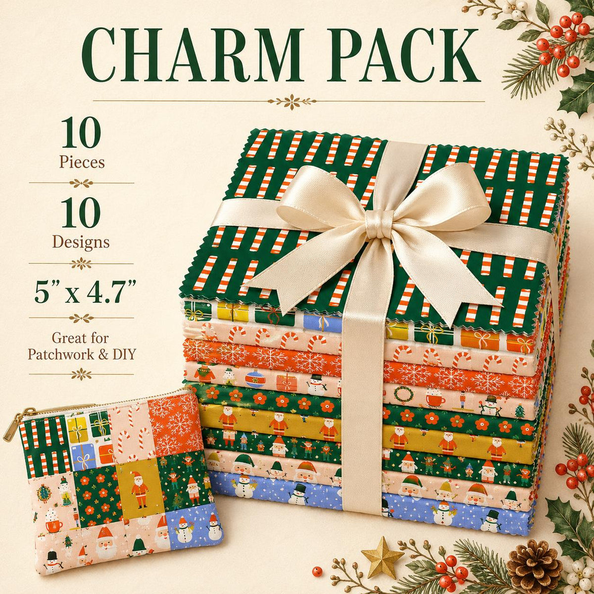 10pcs Charm Pack Set Christmas Santa Pattern Vintage Style Handmade DIY with Rich Color and Texture Elements 100% Polyester Patchwork in 10 Design Styles Suitable for Patchwork DIY Craft Projects DIY Wallet Making Gift Giving Bag Making Mother's Day Gift