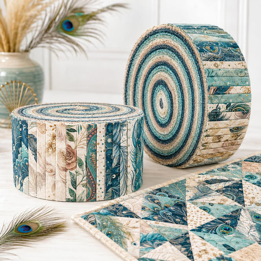 10pcs Vintage Peacock Feathers Theme Jelly Roll Fabric Strips 2.5X19.7inch Pre-Cut 100% Polyester For Patchwork Quilts, Table Runners, Placemats, Tote Bags, Storage Pouches, Makeup Bags, Coasters, Quilt Blocks & Binding