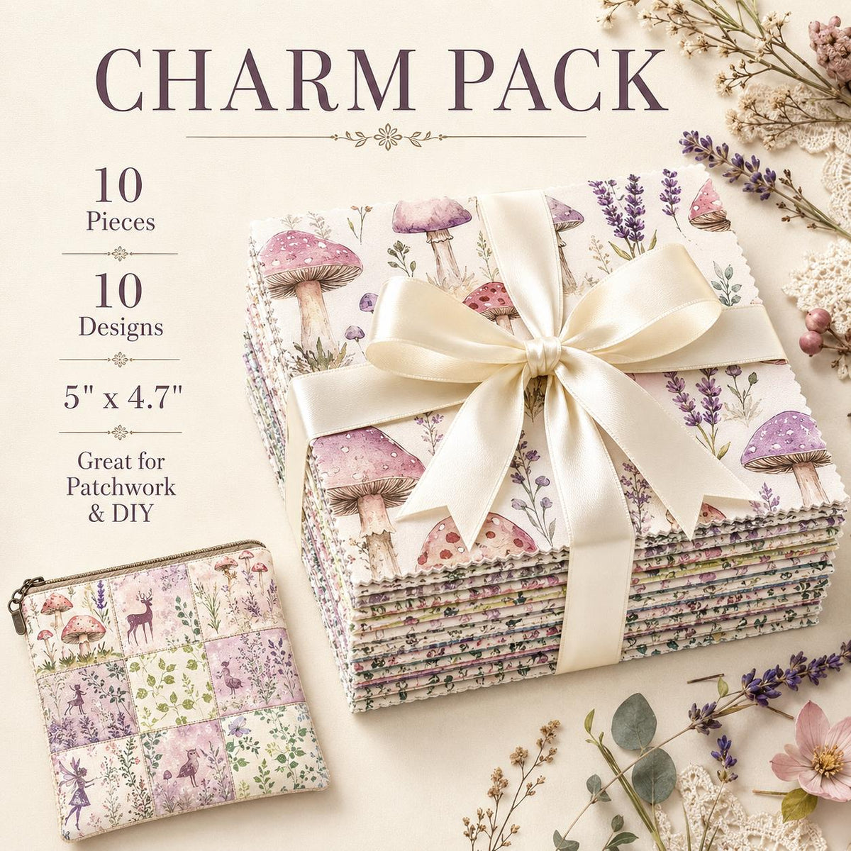 10pcs Charm Pack Set Mushroom Floral Deer Pattern Vintage Style Handmade DIY with Rich Color and Texture Elements 100% Polyester Patchwork in 10 Design Styles Suitable for Patchwork DIY Craft Projects DIY Wallet Making Gift Giving Bag Making Mother's Day