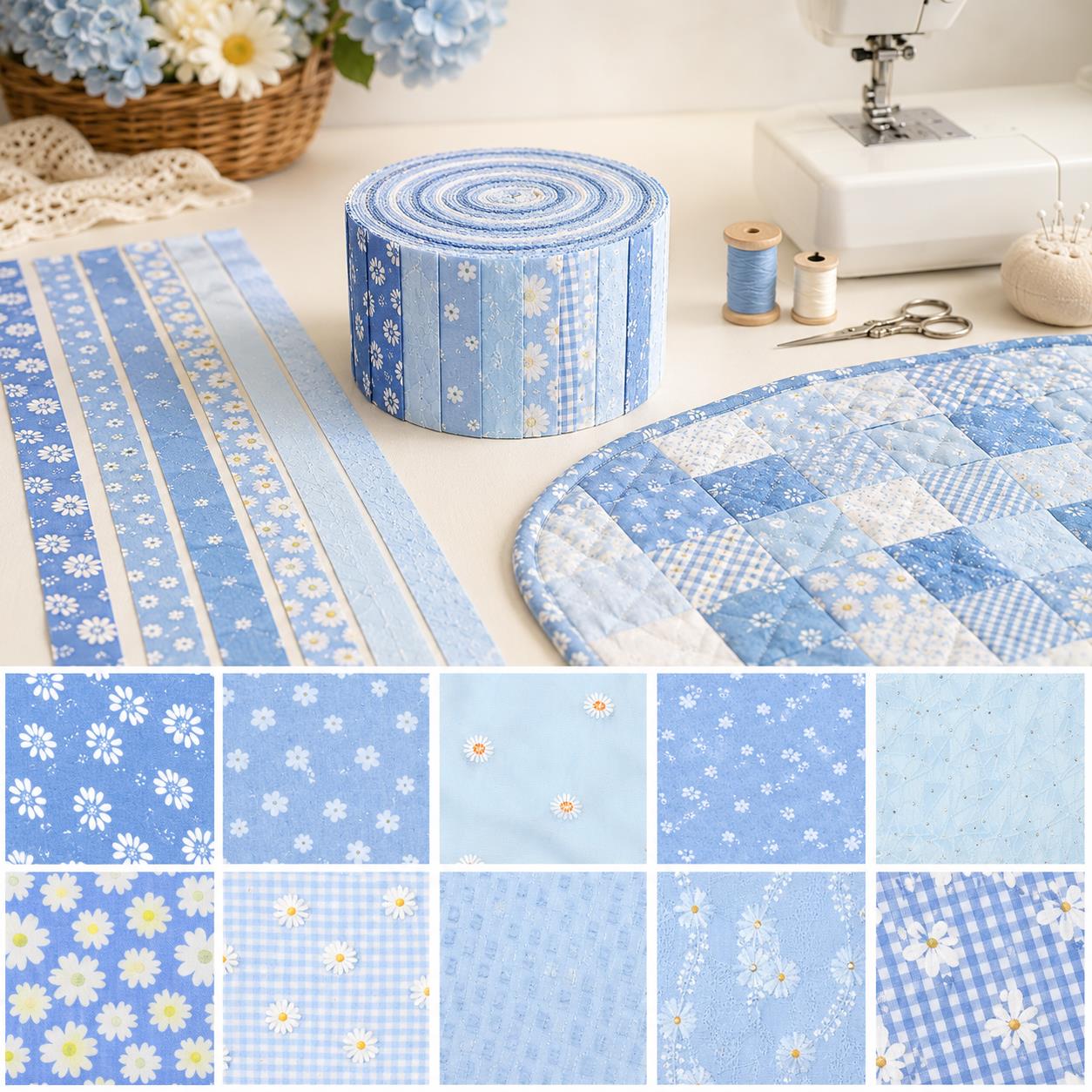 10Pc/Set, Making 10 Images 1pc Each, Each Size: 6.3*50cm Daisy Floral Blue Series Sliced Fabric Set Style Combination, Polyester Jelly Roll Fabric Strips, Pre-Cut Quilting Squares, For Quilting DIY, Handicrafts And Sewing, Blankets, Rugs