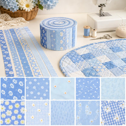 10Pc/Set, Making 10 Images 1pc Each, Each Size: 6.3*50cm Daisy Floral Blue Series Sliced Fabric Set Style Combination, Polyester Jelly Roll Fabric Strips, Pre-Cut Quilting Squares, For Quilting DIY, Handicrafts And Sewing, Blankets, Rugs