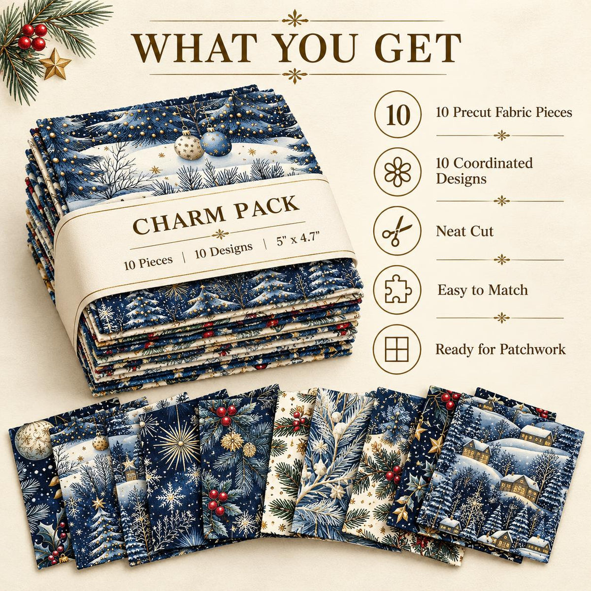 10Pc/Set Christmas Series Star Tree Holly House Fat Quarter Fabric, Pre-Cut Square Fabric Assort, Fabric Set, Craft Fabric, Handmade DIY Patchwork Fabric,Home Quilting Sewing Fabric, Packaging Fabric, Scrapbooking Craft Hobbyist