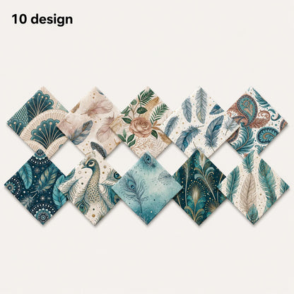 10pcs Charm Pack Set Peacock Feathers VIntage Style Pattern HAndmade DIY With Rich Color and Texture Elements 100% Polyester Patchwork in 10 Design Styles Suitable For Patchwork DIY Craft Projects DIY Wallet Making Gift Giving Bag Making Mother's Day Gift