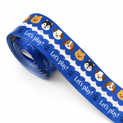 5 Yards Blue White Series Ribbon Adorned with Dog Paw Bones Pattern, Width 32mm/1.26-Inch, Two Ribbon Equipped with White Center Hook Edge, Ideal for Showcasing Jewelry And Wrapping Gifts, Creating Bows, Holiday Decorations