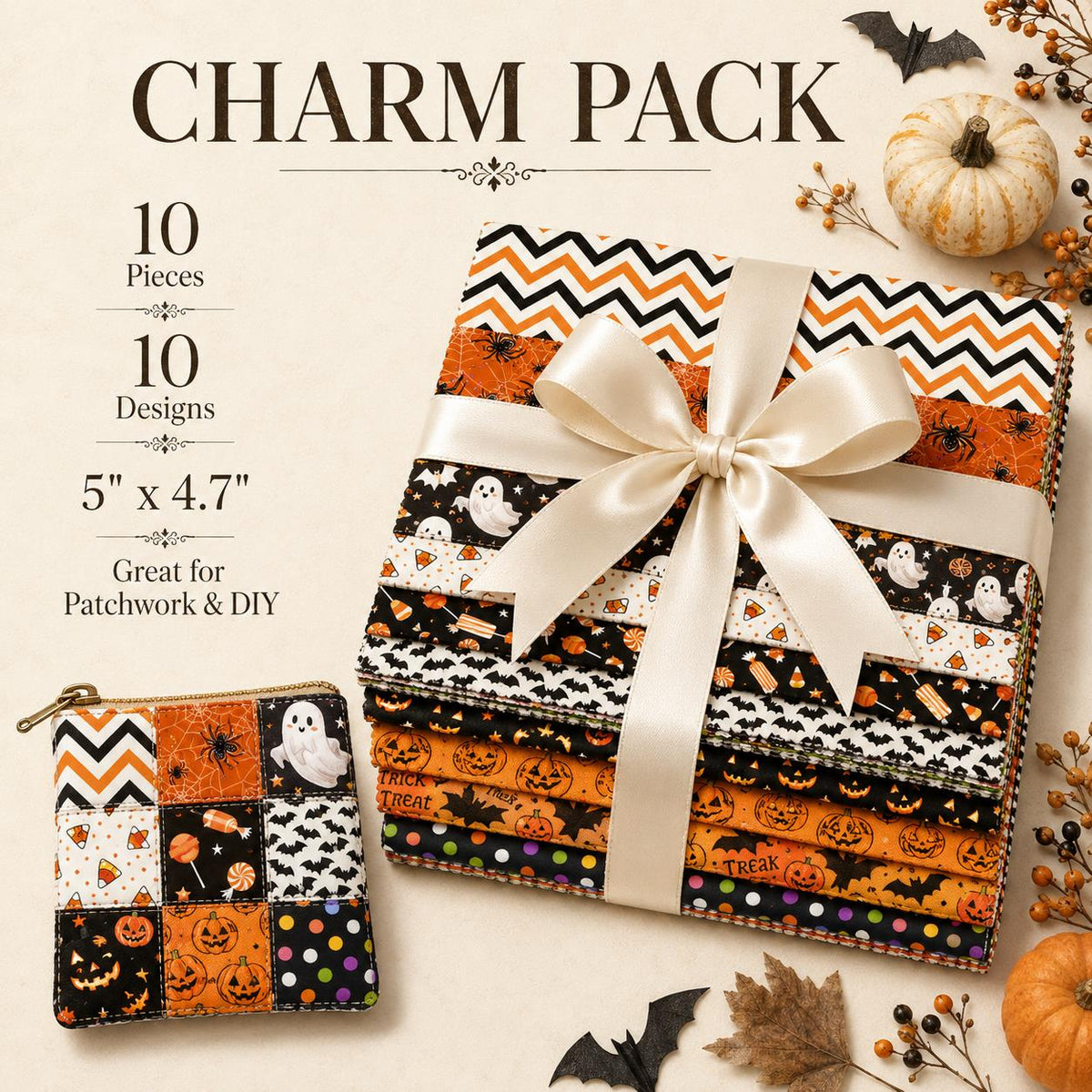 10pcs Charm Pack Set Pumpkin Bat Ghost Halloween Pattern Vintage Style Handmade DIY with Rich Color and Texture Elements 100% Polyester Patchwork in 10 Design Styles Suitable for Patchwork DIY Craft Projects DIY Wallet Making Gift Giving Bag Making Mother