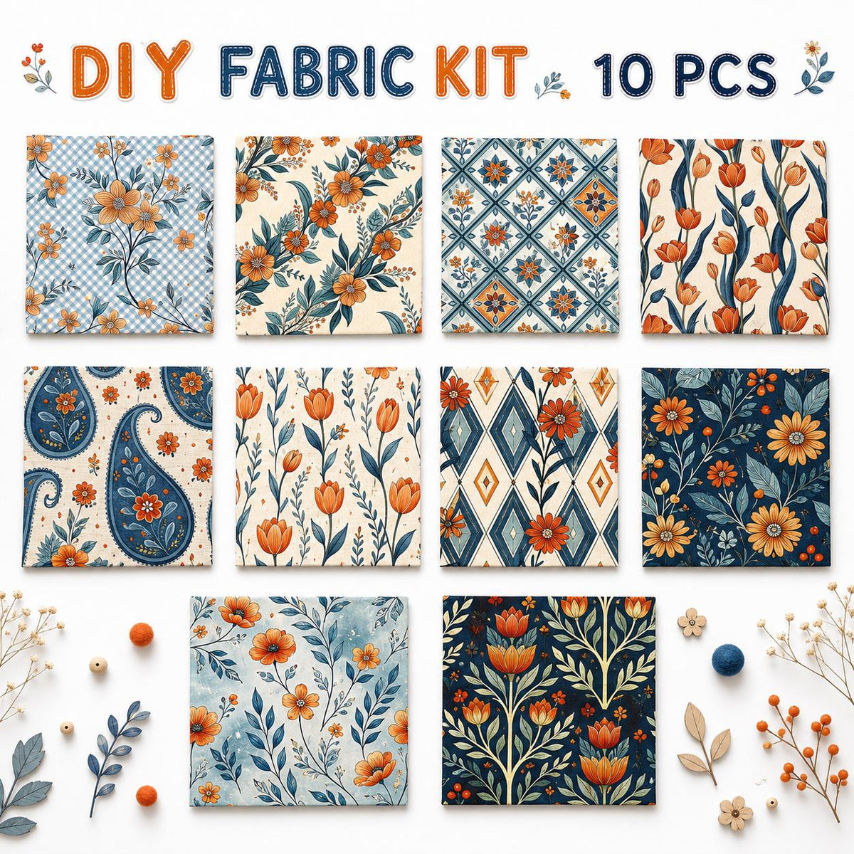 10Pc/Set Flower Plaid Tulip Daisy Blue Series Fat Quarter Fabric, Pre-Cut Square Fabric Assort, Fabric Set, Craft Fabric, Handmade DIY Patchwork Fabric,Home Quilting Sewing Fabric, Packaging Fabric, Scrapbooking Craft Hobbyist