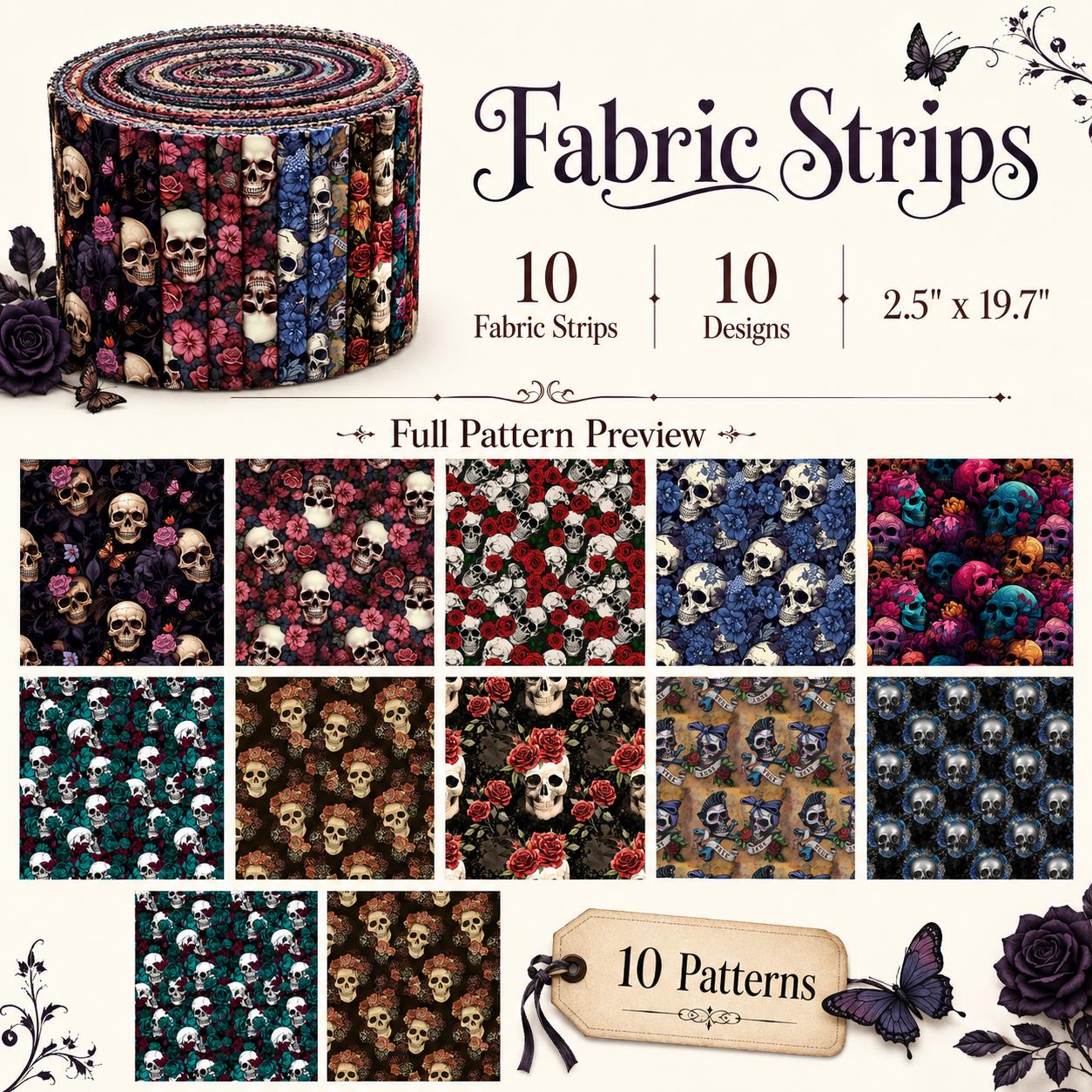 10pcs Skull Halloween Pattern Jelly Roll Fabric Strips 2.5X19.7inch Pre-cut 100% Polyester for Patchwork Quilts, Table Runners, Placemats, Tote Bags, Storage Pouches, Makeup Bags, Coasters, Quilt Blocks & Binding