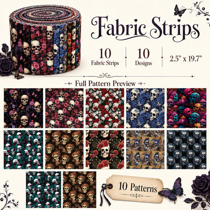 10pcs Skull Halloween Pattern Jelly Roll Fabric Strips 2.5X19.7inch Pre-cut 100% Polyester for Patchwork Quilts, Table Runners, Placemats, Tote Bags, Storage Pouches, Makeup Bags, Coasters, Quilt Blocks & Binding