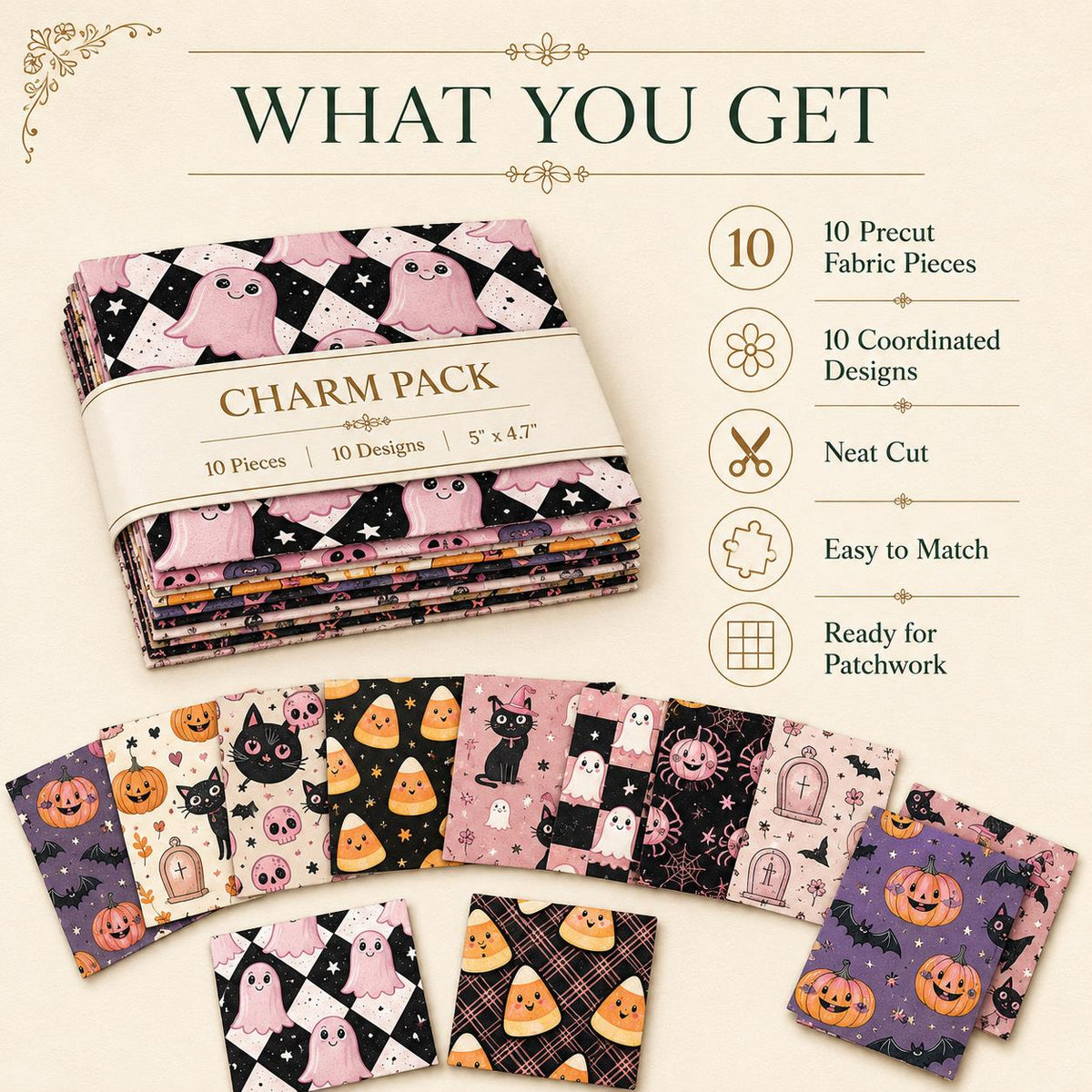 10pcs Charm Pack Set  Bat Ghost Cat Pumpkin Halloween Vintage Style Pattern Handmade DIY with Rich Color and Texture Elements 100% Polyester Patchwork in 10 Design Styles Suitable for Patchwork DIY Craft Projects DIY Wallet Making Gift Giving Bag Making