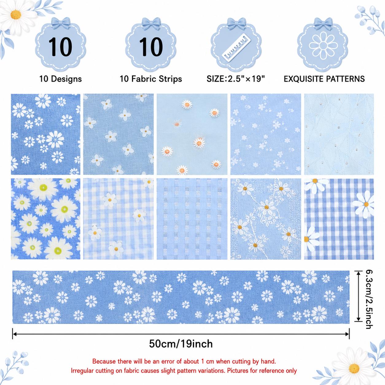 10Pc/Set, Making 10 Images 1pc Each, Each Size: 6.3*50cm Daisy Floral Blue Series Sliced Fabric Set Style Combination, Polyester Jelly Roll Fabric Strips, Pre-Cut Quilting Squares, For Quilting DIY, Handicrafts And Sewing, Blankets, Rugs
