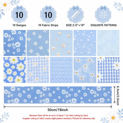 10Pc/Set, Making 10 Images 1pc Each, Each Size: 6.3*50cm Daisy Floral Blue Series Sliced Fabric Set Style Combination, Polyester Jelly Roll Fabric Strips, Pre-Cut Quilting Squares, For Quilting DIY, Handicrafts And Sewing, Blankets, Rugs