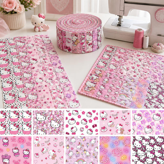10pcs Vintage Sanrio Hello Kitty Pattern Jelly Roll Fabric Strips 2.5X19.7inch Pre-cut 100% Cotton for Patchwork Quilts, Table Runners, Placemats, Tote Bags, Storage Pouches, Makeup Bags, Coasters, Quilt Blocks & Binding