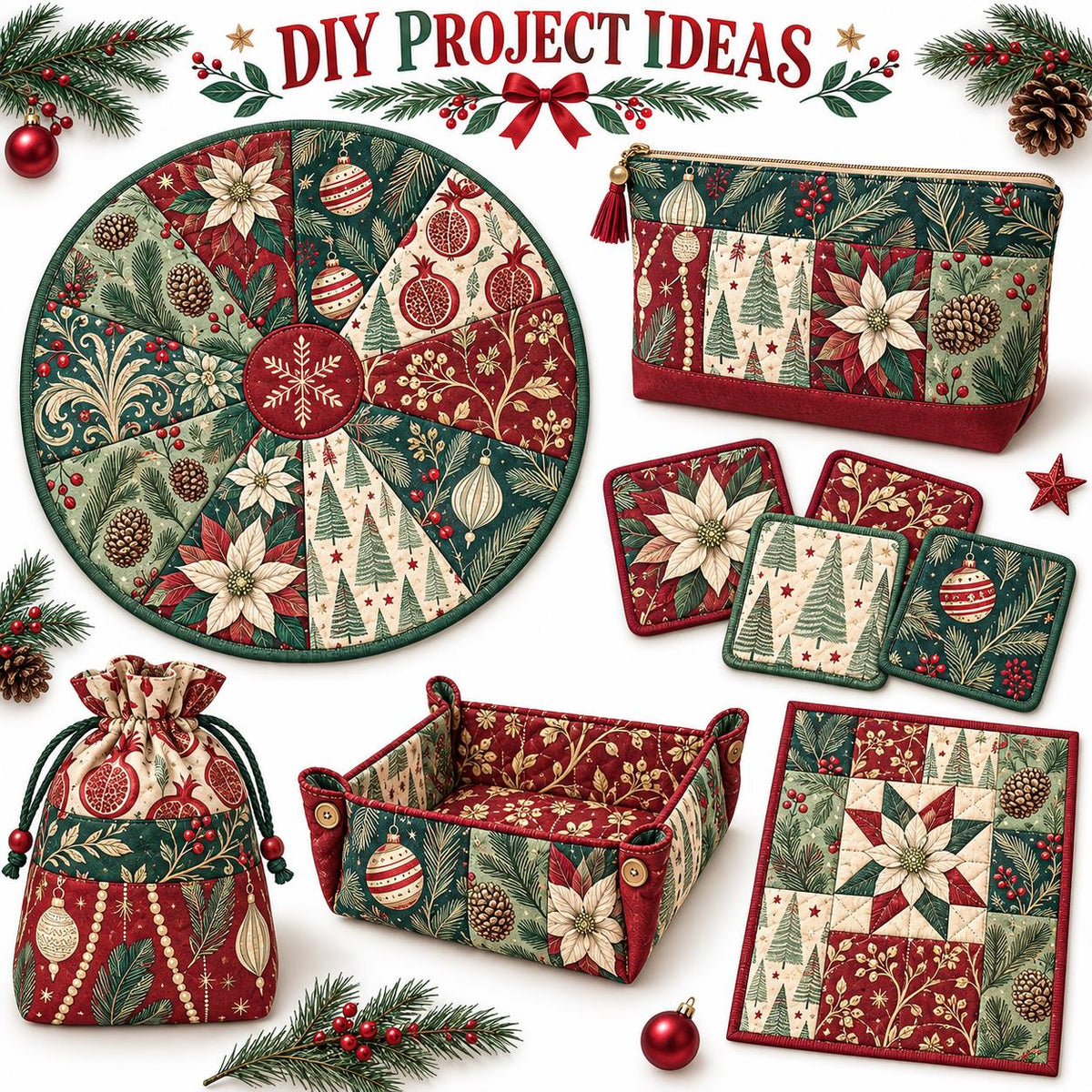 10Pc/Set Christmas Series Flower Tree Pinecones Star Fat Quarter Fabric, Pre-Cut Square Fabric Assort, Fabric Set, Craft Fabric, Handmade DIY Patchwork Fabric,Home Quilting Sewing Fabric, Packaging Fabric, Scrapbooking Craft Hobbyist