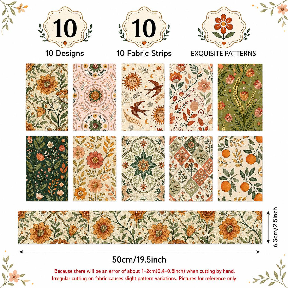 10pcs Vintage Floral Pattern Jelly Roll Fabric Strips 2.5X19.7inch Pre-Cut 100% Polyester For Patchwork Quilts, Table Runners, Placemats, Tote Bags, Storage Pouches, Makeup Bags, Coasters, Quilt Blocks & Binding