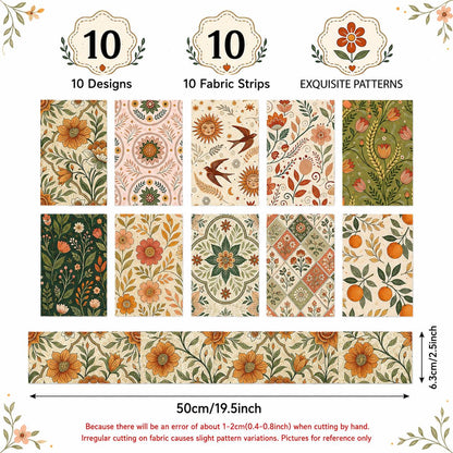 10pcs Vintage Floral Pattern Jelly Roll Fabric Strips 2.5X19.7inch Pre-Cut 100% Polyester For Patchwork Quilts, Table Runners, Placemats, Tote Bags, Storage Pouches, Makeup Bags, Coasters, Quilt Blocks & Binding